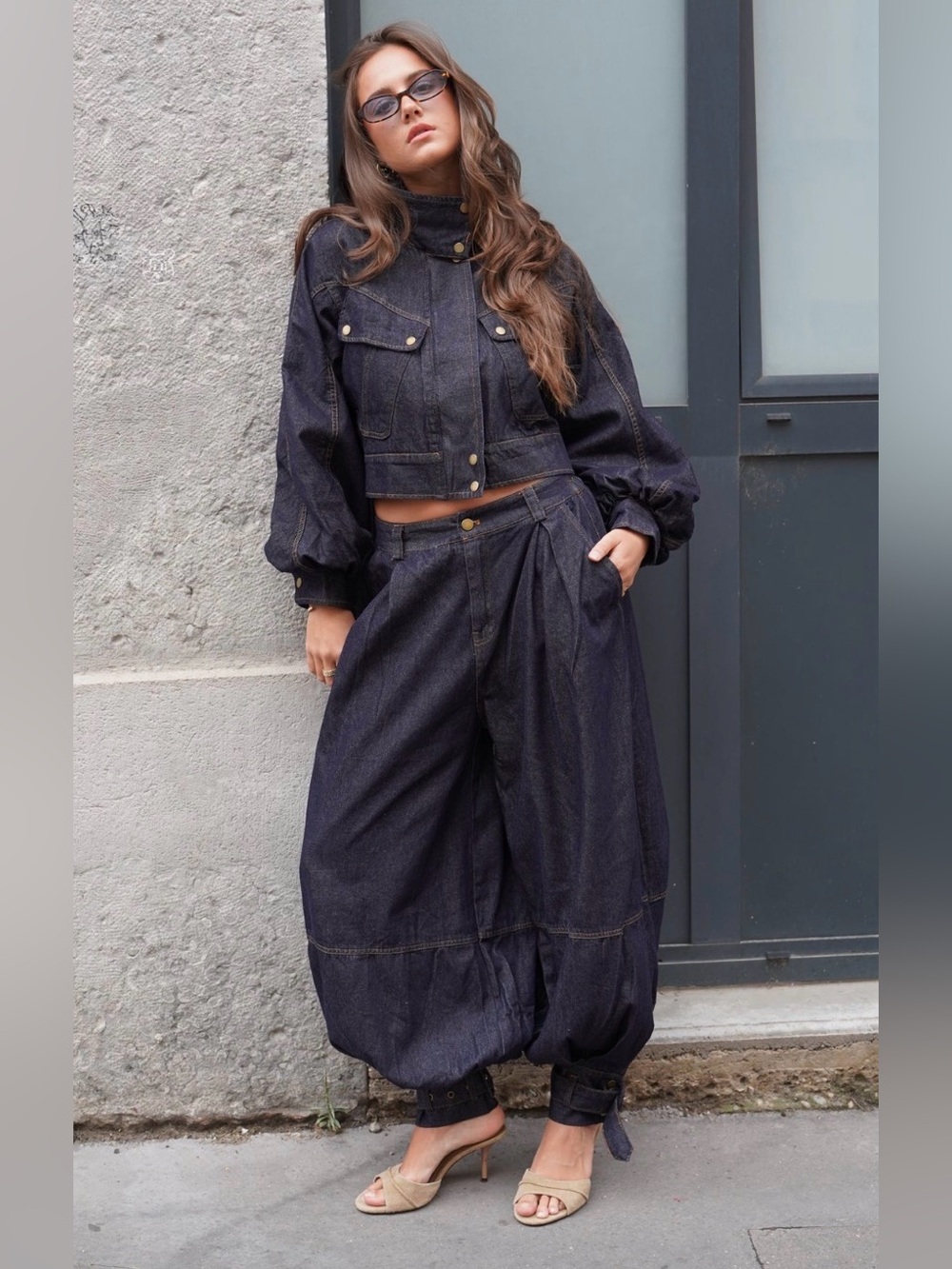 A556. Dark Blue Denim Zip-Front Jacket & Balloon Pant Set